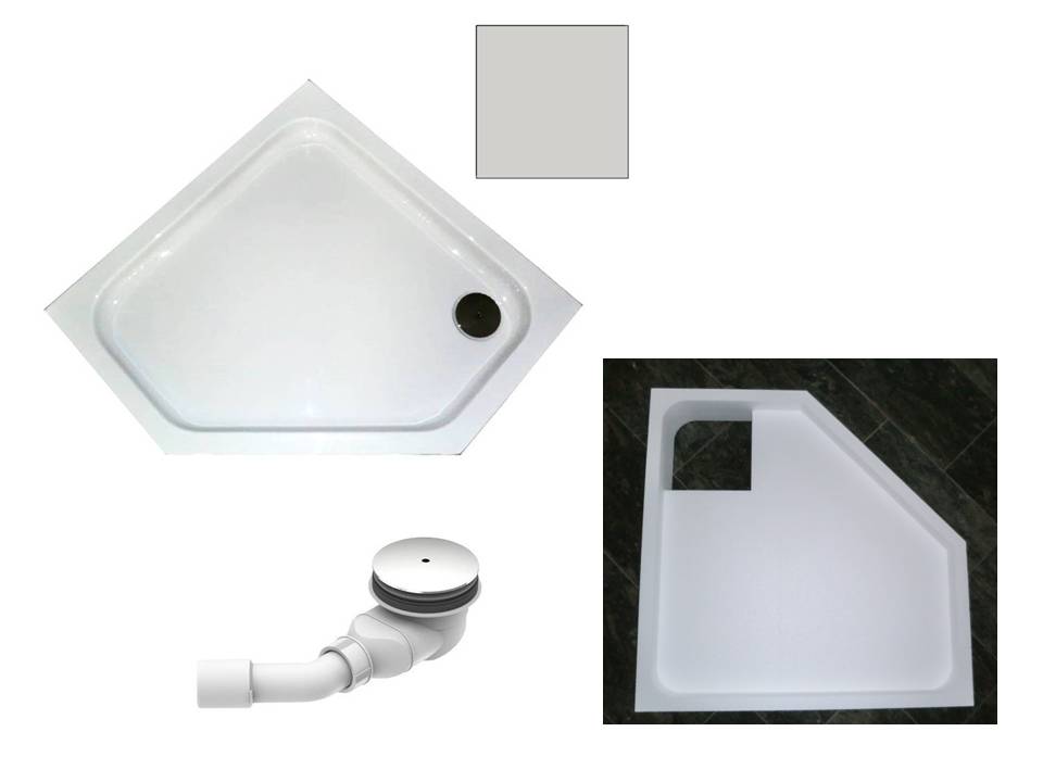 KOMPLETT-PAKET: Duschwanne 100 x 100 cm Fünfeck, Farbe: MANHATTAN superflach 2,5 cm Acryl + Styroporträger/Wannenträger + Ablaufgarnitur chrom DN 90