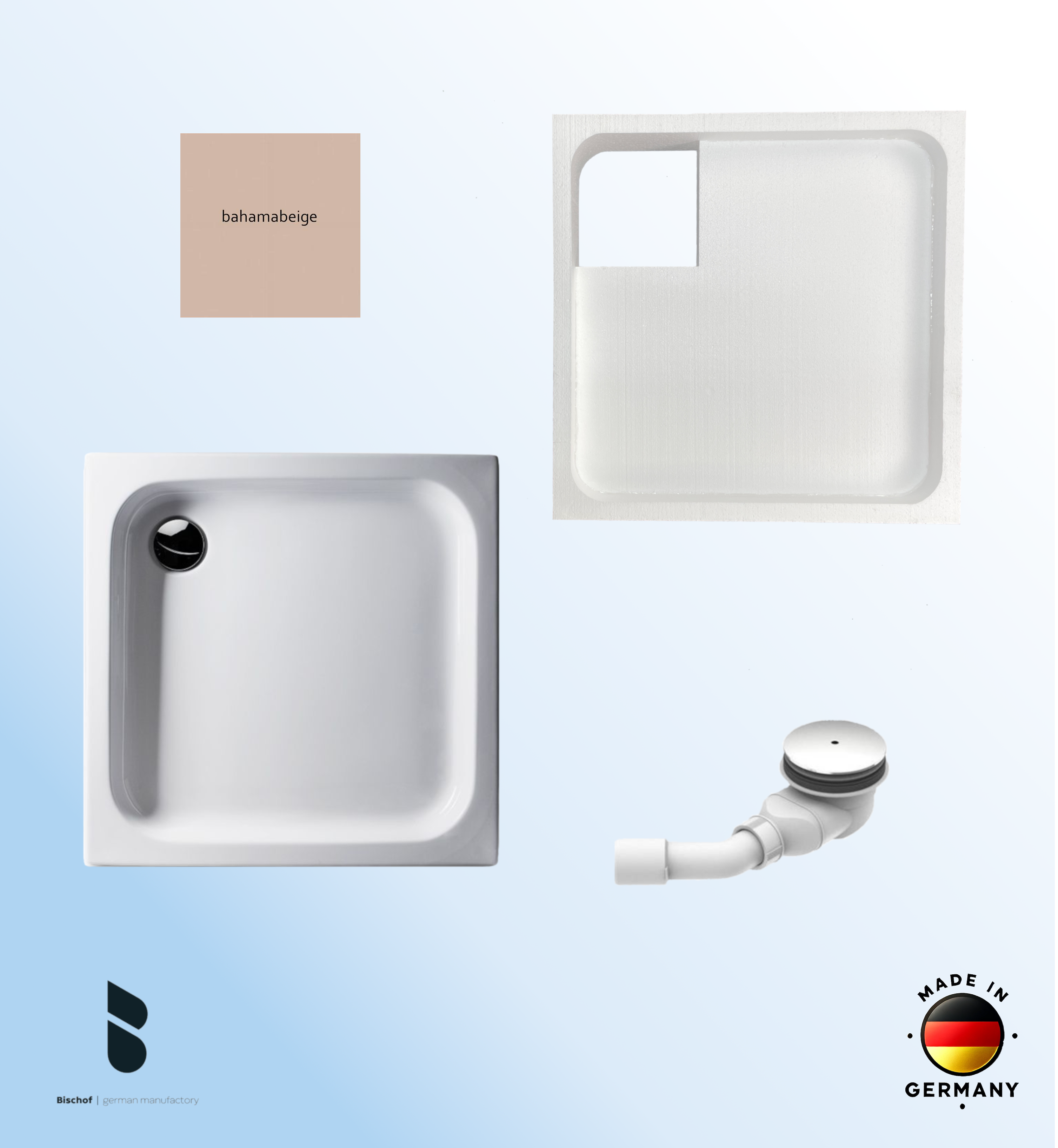 KOMPLETT-PAKET: Duschwanne 80 x 80 cm, Farbe: BAHAMABEIGE flach 6,5 cm Acryl + Styroporträger/Wannenträger + Ablaufgarnitur chrom DN 90