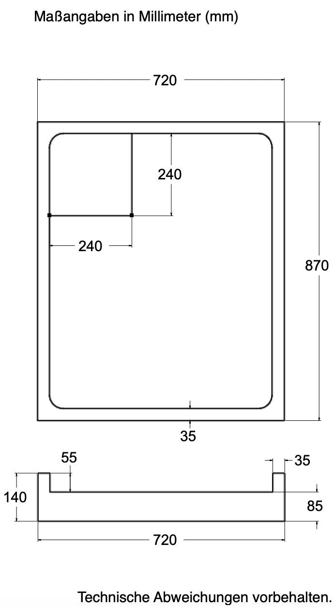 Träger Hamburg 90x75cm weiß, Höhe 14cm links