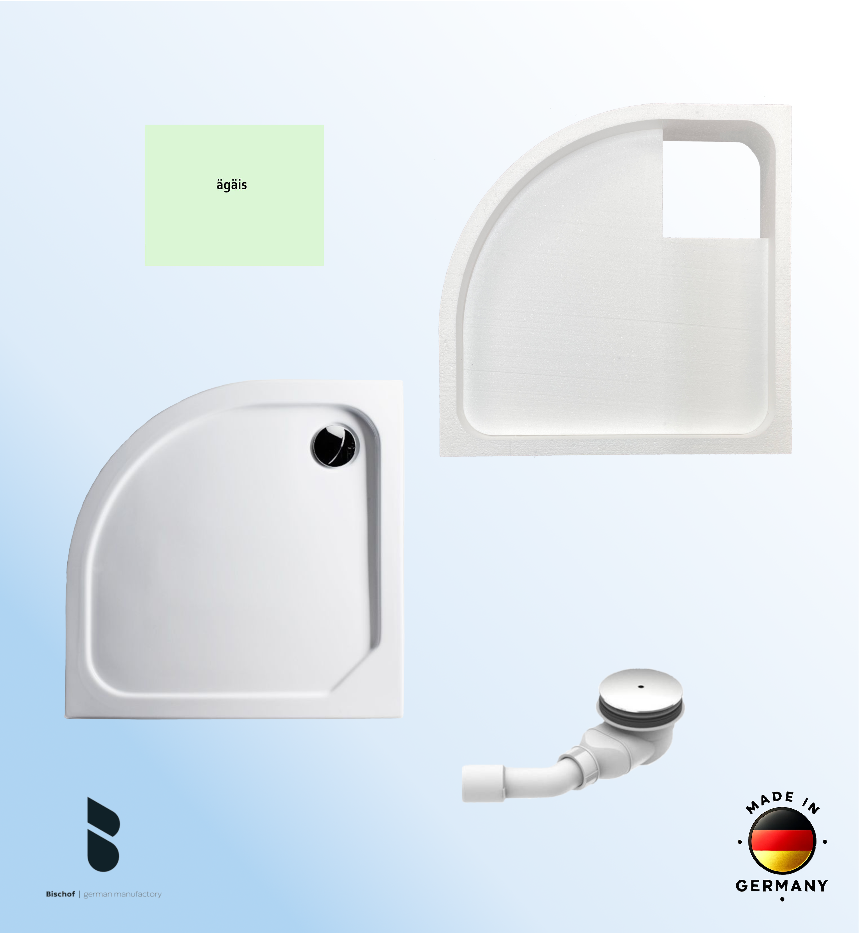 KOMPLETT-PAKET: Duschwanne 80 x 80 cm Viertelkreis Radius 50, Farbe: ÄGÄIS superflach 2,5 cm Acryl + Styroporträger/Wannenträger + Ablaufgarnitur chrom DN 90