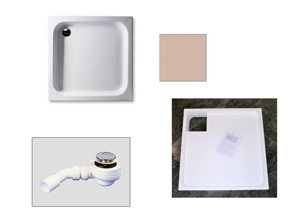 KOMPLETT-PAKET: Duschwanne 100 x 100 cm, Farbe: BAHAMABEIGE 15cm tief, Acryl + Styroporträger/Wannenträger + Ablaufgarnitur chrom DN 52