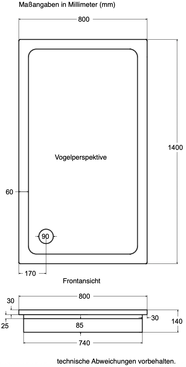 KOMPLETT-PAKET: Duschwanne 140 x 80 cm 3,5 cm superflach weiß mit GERADER STYROPOR-UNTERSEITE Acryl + Styroporträger/Wannenträger + Ablaufgarnitur chrom DN 90