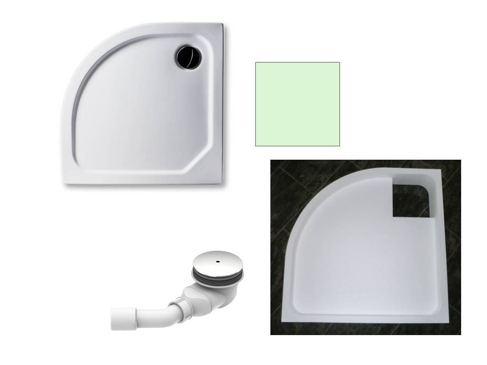 KOMPLETT-PAKET: Duschwanne 80 x 80 cm Viertelkreis Radius 50, Farbe: ÄGÄIS flach 6,5 cm  Acryl + Styroporträger/Wannenträger + Ablaufgarnitur chrom DN 90
