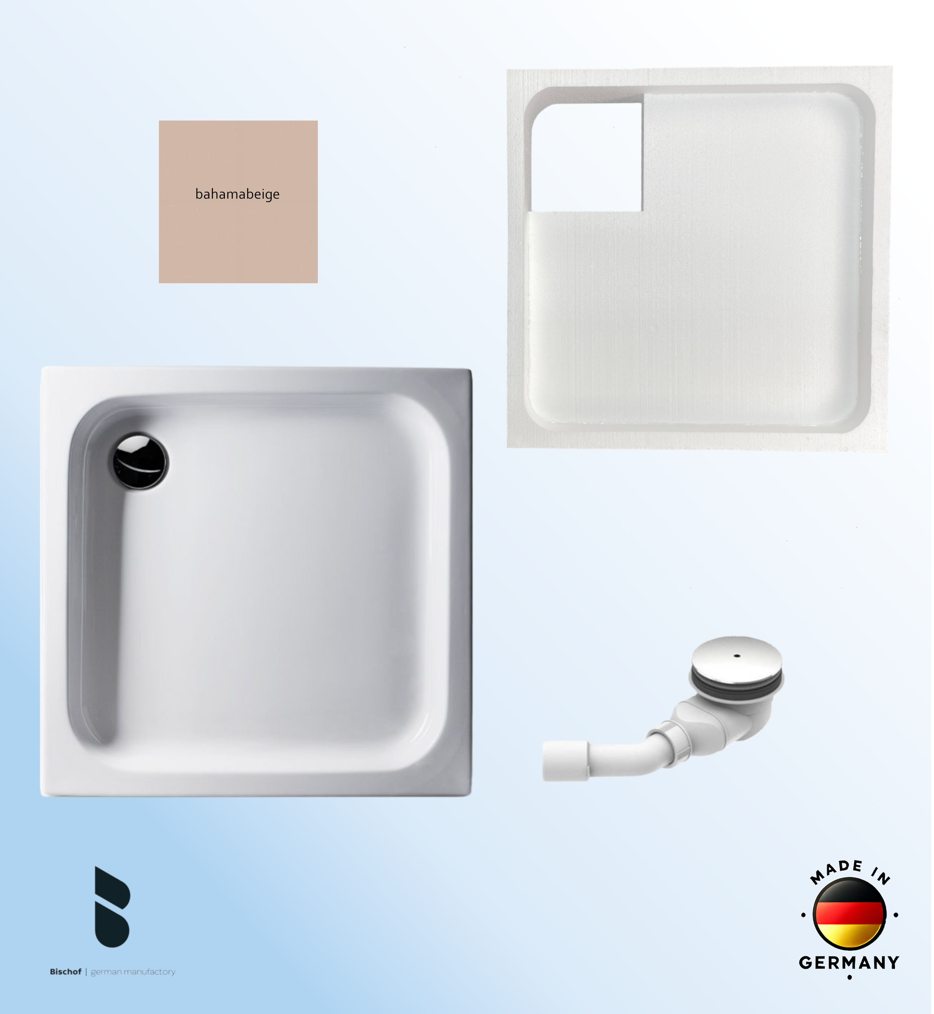 KOMPLETT-PAKET: Duschwanne 100 x 100 cm, Farbe: BAHAMABEIGE flach 6,5 cm Acryl + Styroporträger/Wannenträger + Ablaufgarnitur chrom DN 90 