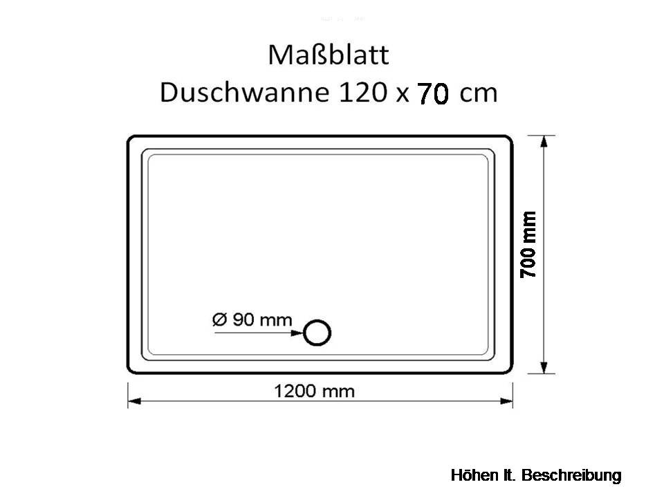 KOMPLETT-PAKET: Duschwanne 120 x 70 cm superflach 3,5 cm weiß Acryl + Styroporträger/Wannenträger + Ablaufgarnitur chrom DN 90 