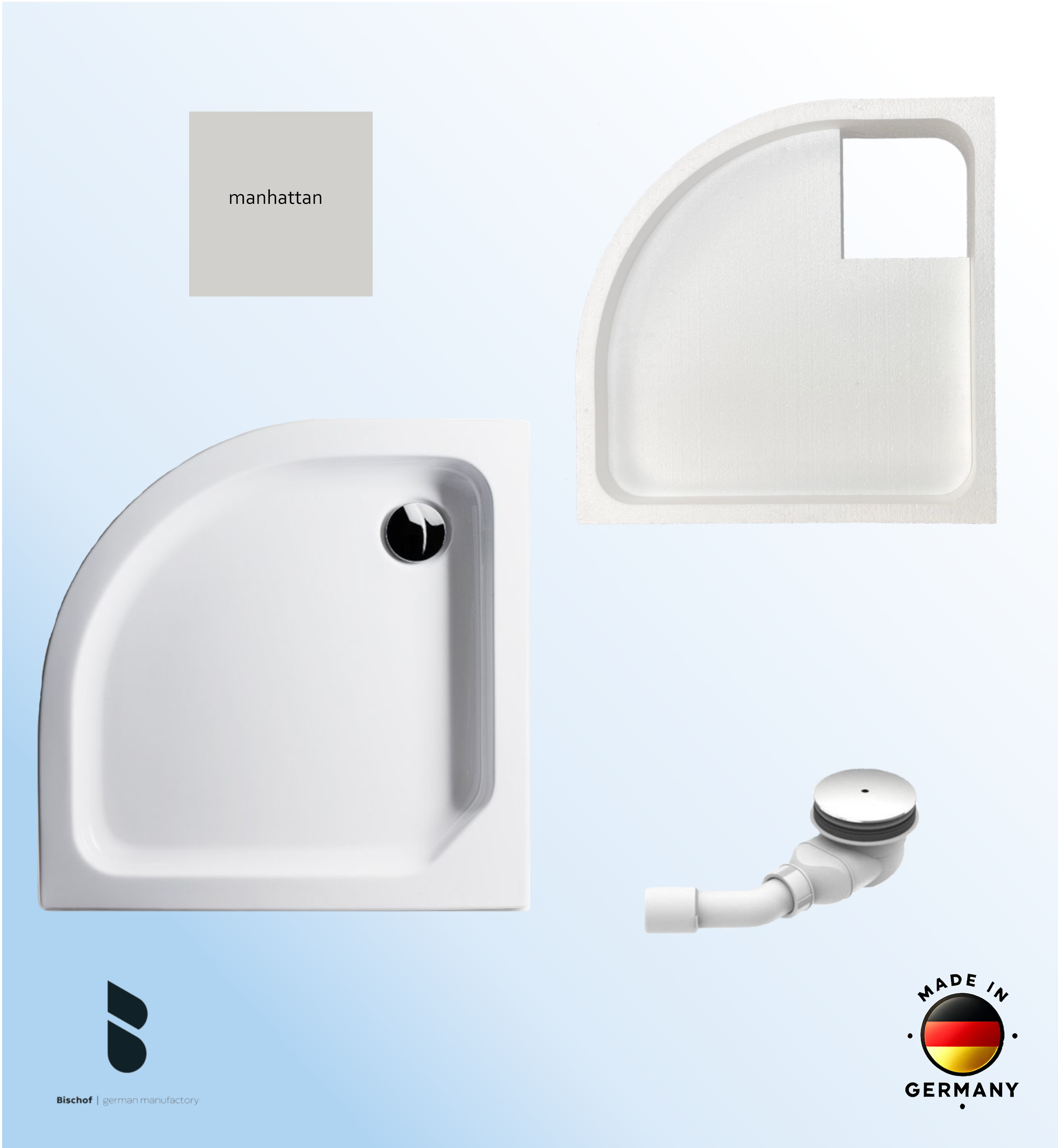 KOMPLETT-PAKET: Duschwanne 100 x 100 cm Viertelkreis Radius 50, Farbe: MANHATTAN flach 6,5 cm Acryl + Styroporträger/Wannenträger + Ablaufgarnitur chrom DN 90