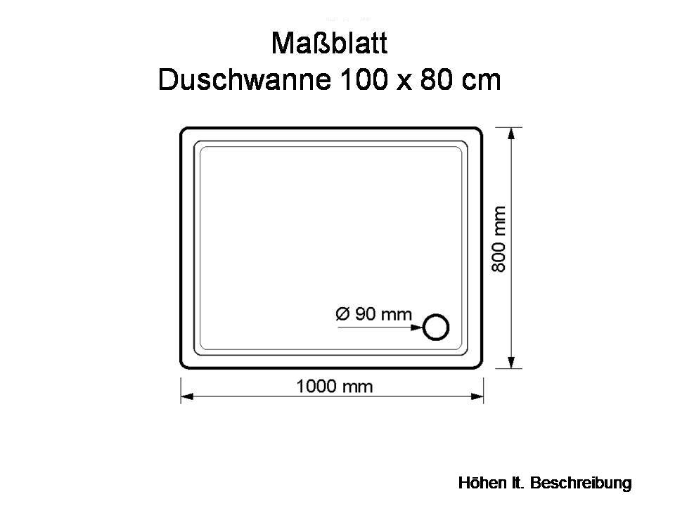 KOMPLETT-PAKET: Duschwanne 100 x 80 cm superflach 2,5 cm Dusche mit GERADER UNTERSEITE weiß Acryl + Styroporträger/Wannenträger + Ablaufgarnitur chrom DN 90