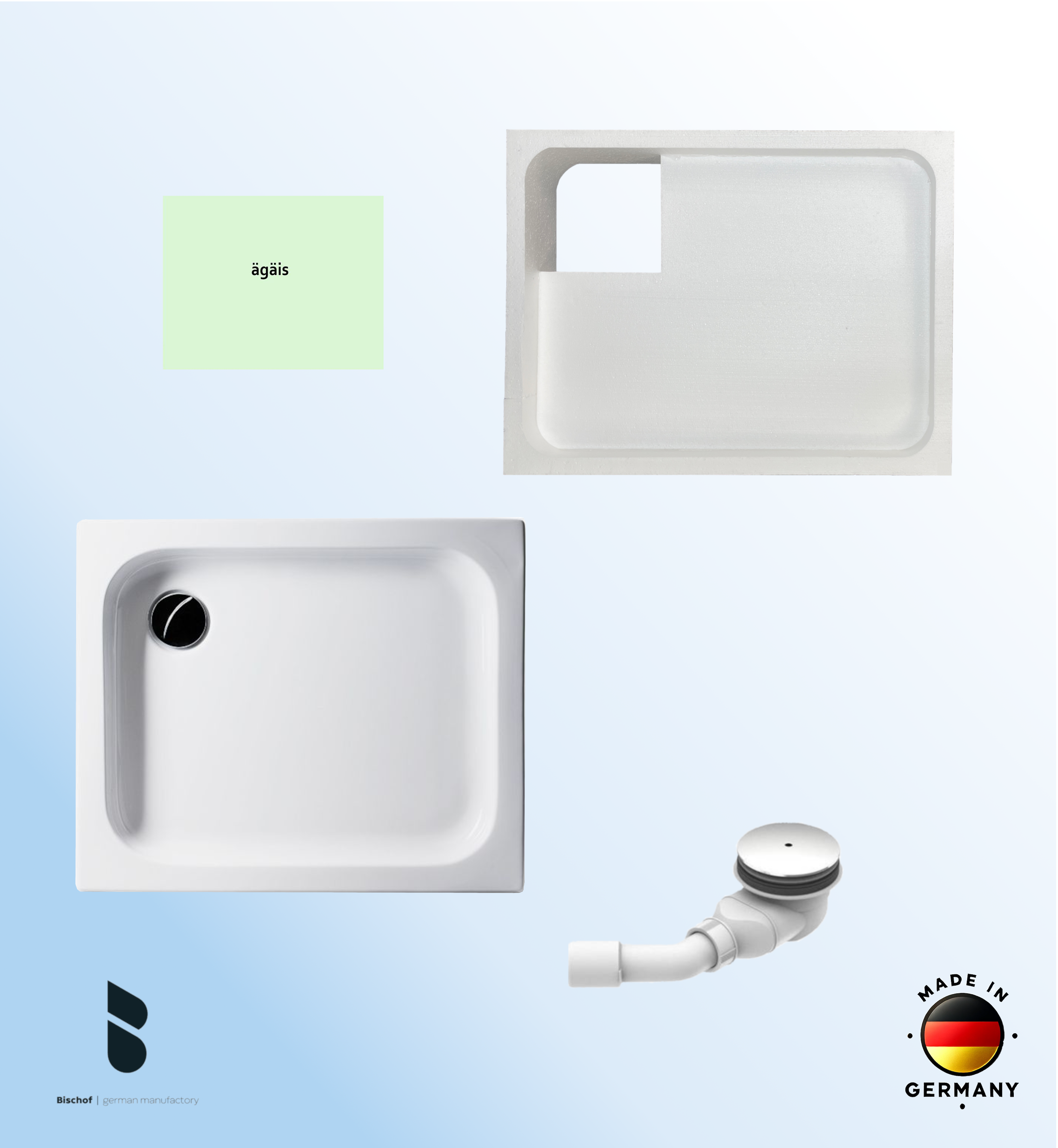 KOMPLETT-PAKET: Duschwanne 90 x 75 cm, Farbe: ÄGÄIS flach 6,5 cm weiß Acryl + Styroporträger/Wannenträger + Ablaufgarnitur chrom DN 90