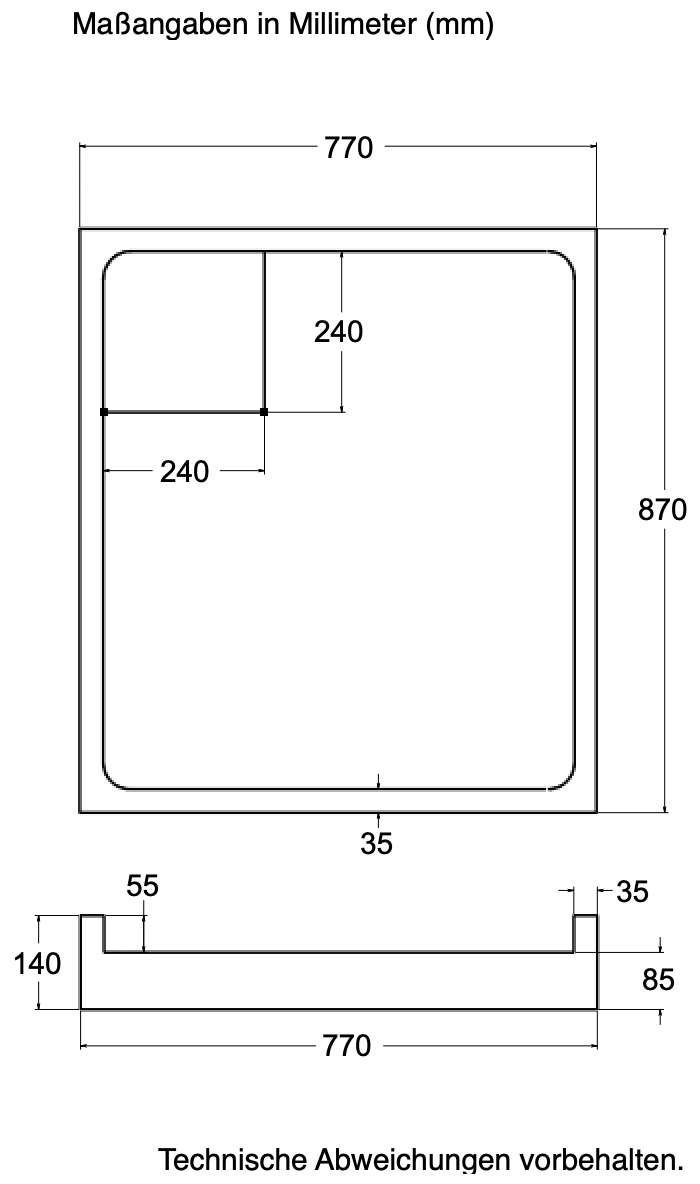 Träger Hamburg 90x80cm weiß, Höhe 14cm links