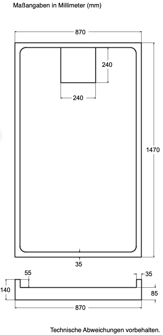Träger Hamburg 150x90cm weiß, Höhe 14 cm Mitte kurze Seite