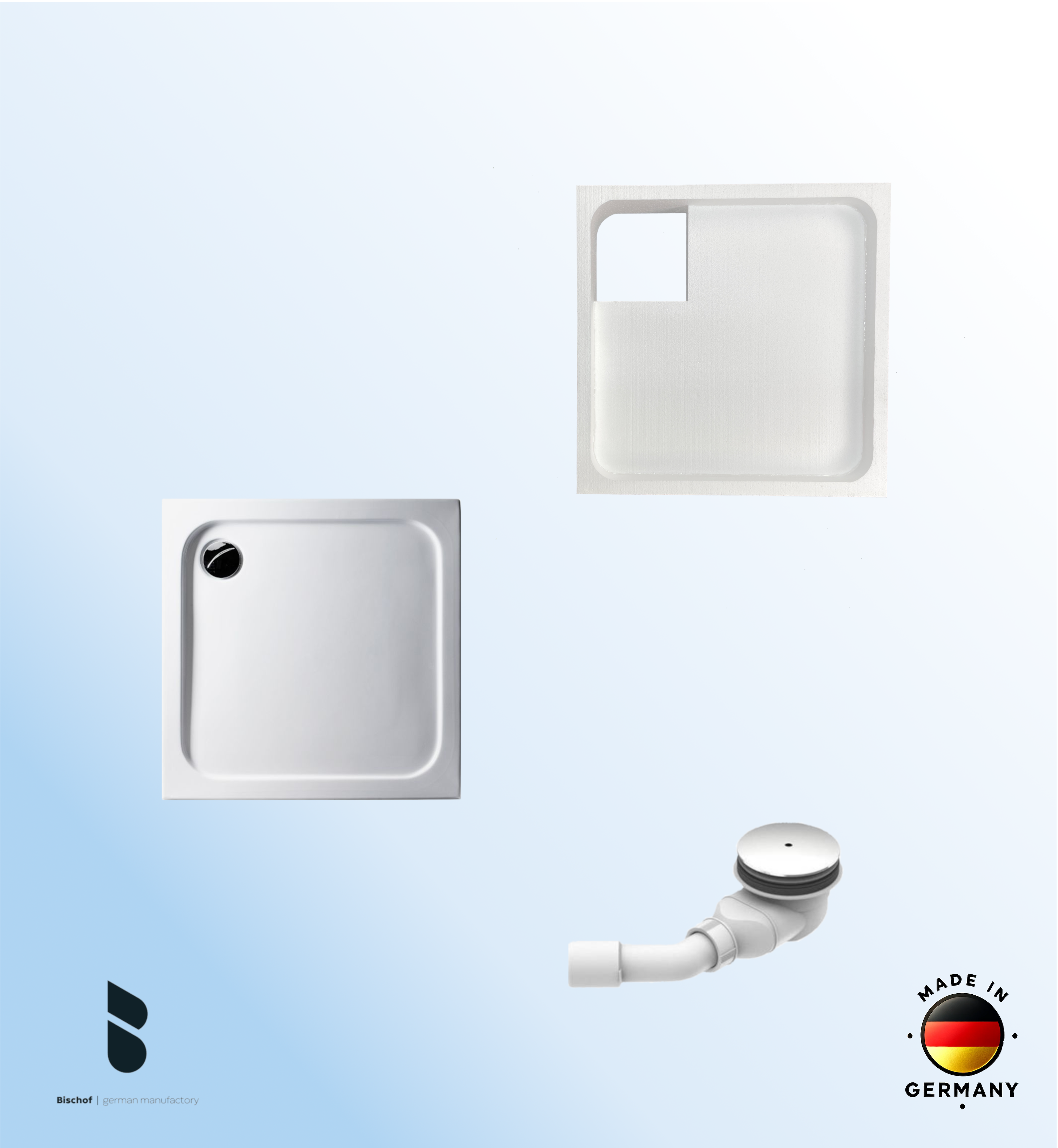 KOMPLETT-PAKET: Duschwanne 80 x 80 cm superflach 2,5 cm weiß Acryl + Styroporträger/Wannenträger + Ablaufgarnitur chrom DN 90