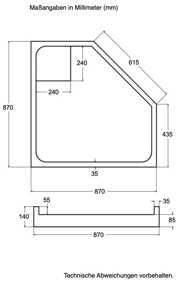 Träger Halle 90x90cm weiß, Höhe 14cm Fünfeck rechts