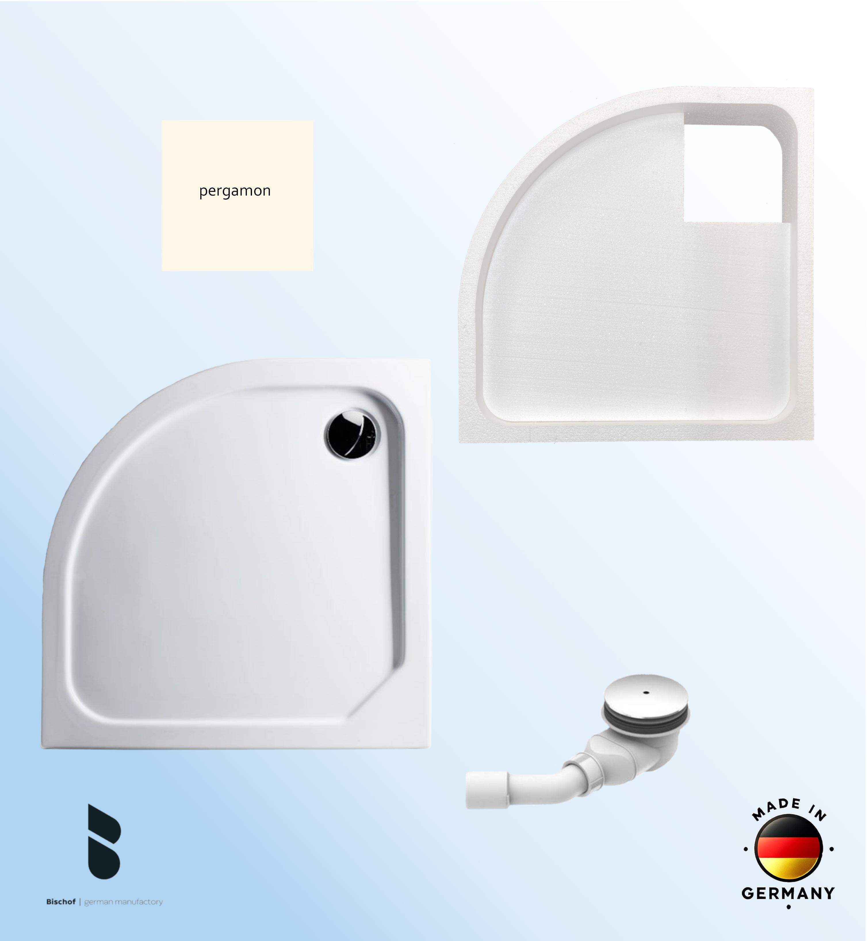 KOMPLETT-PAKET: Duschwanne 100 x 100 cm Viertelkreis Radius 55, Farbe: PERGAMON superflach 2,5 cm Acryl + Styroporträger/Wannenträger + Ablaufgarnitur chrom DN 90