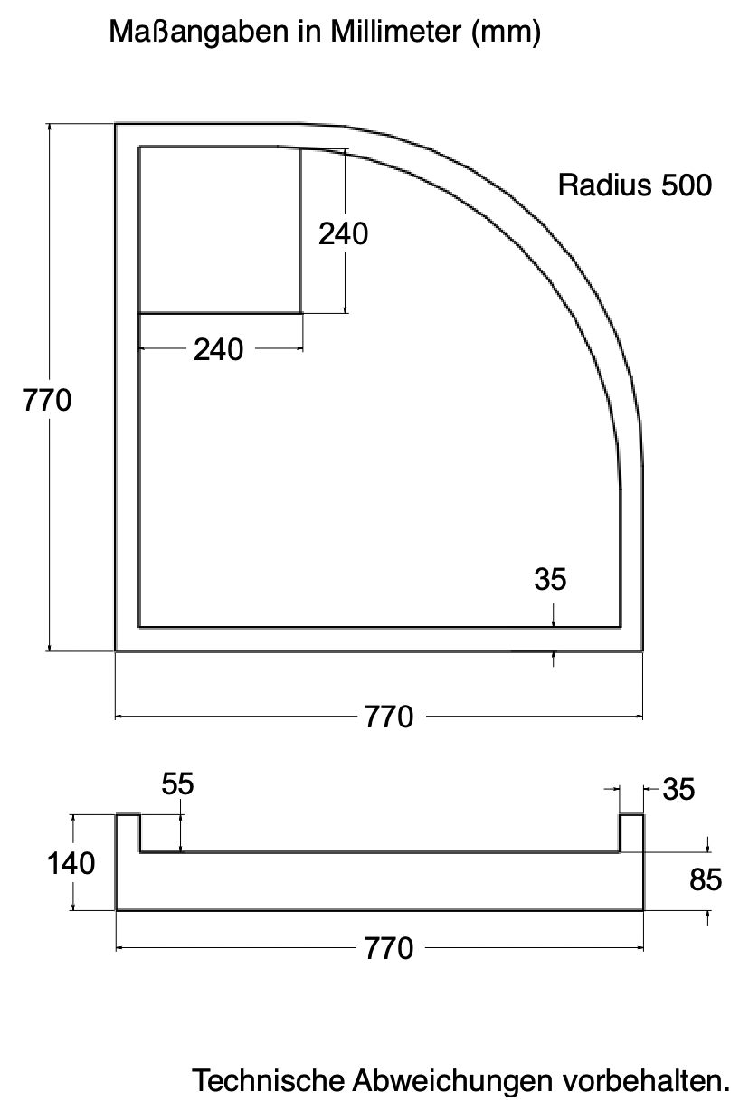 Träger 80x80cm, viertelkreis, weiß, Höhe 14cm rechts R50