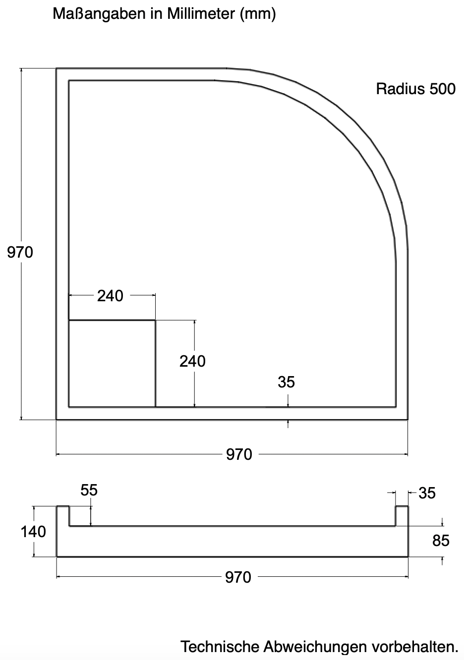 Träger 100x100cm, viertelkreis, weiß, Höhe 14cm hintere Ecke R50