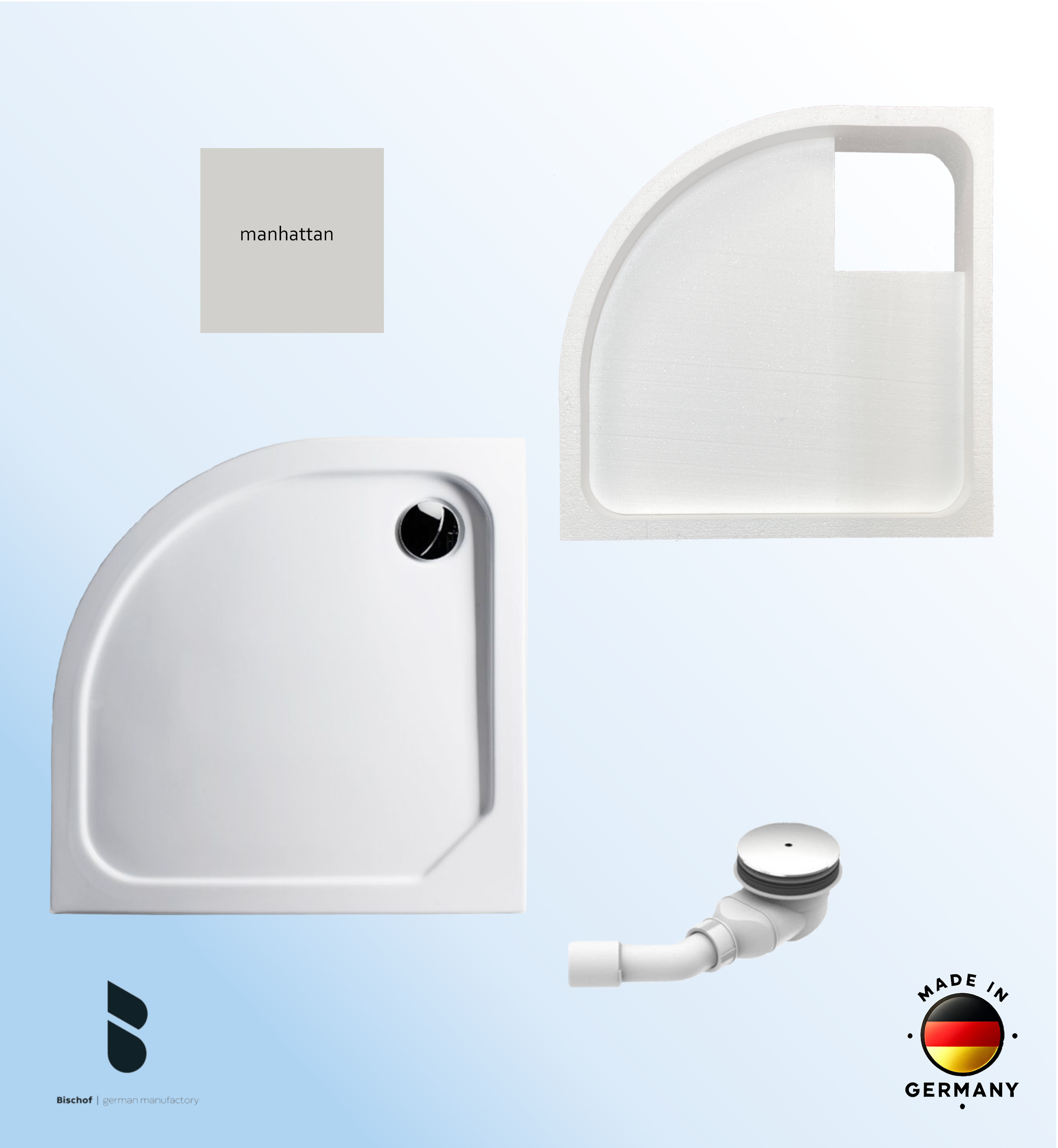 KOMPLETT-PAKET: Duschwanne 100 x 100 cm Viertelkreis Radius 55, Farbe: MANHATTAN superflach 2,5 cm  Acryl + Styroporträger/Wannenträger + Ablaufgarnitur chrom DN 90