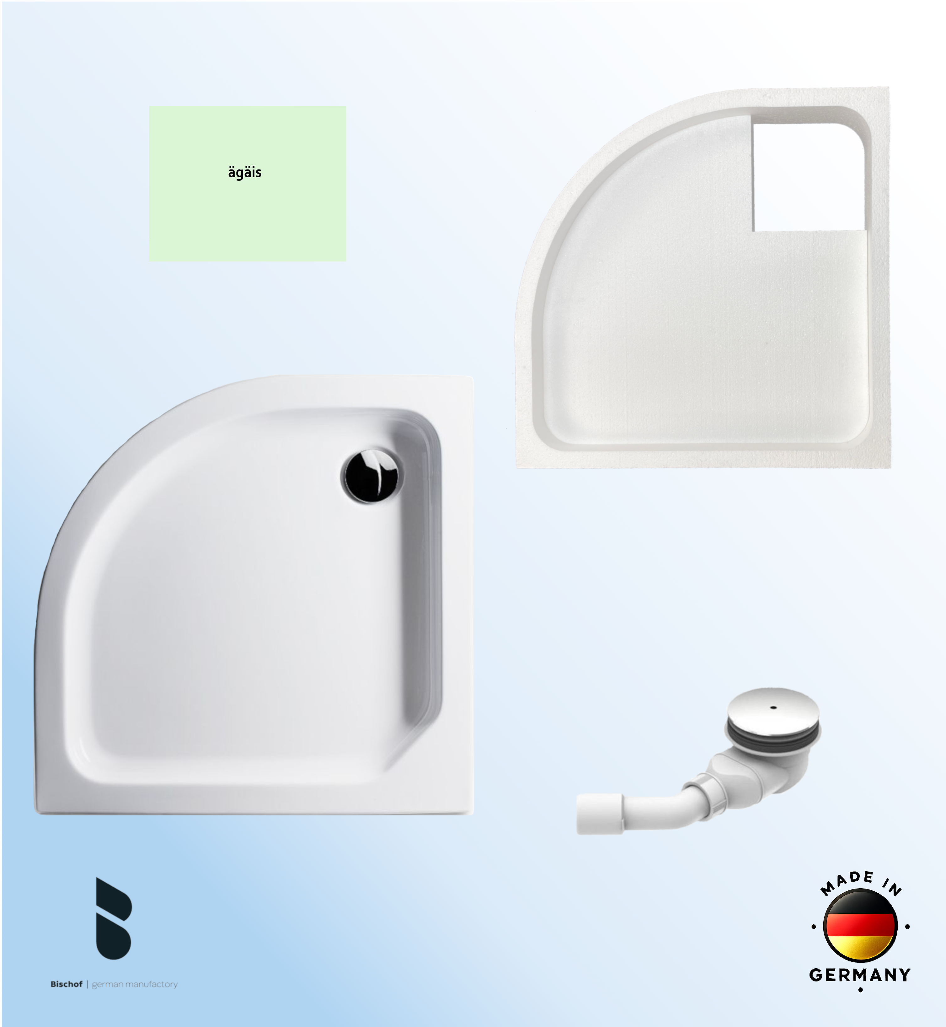 KOMPLETT-PAKET: Duschwanne 100 x 100 cm Viertelkreis Radius 50, Farbe: ÄGÄIS flach 6,5 cm Acryl + Styroporträger/Wannenträger + Ablaufgarnitur chrom DN 90