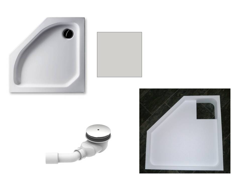 KOMPLETT-PAKET: Duschwanne 90 x 90 cm Fünfeck, Farbe: MANHATTAN flach 6,5 cm Acryl + Styroporträger/Wannenträger + Ablaufgarnitur chrom DN 90