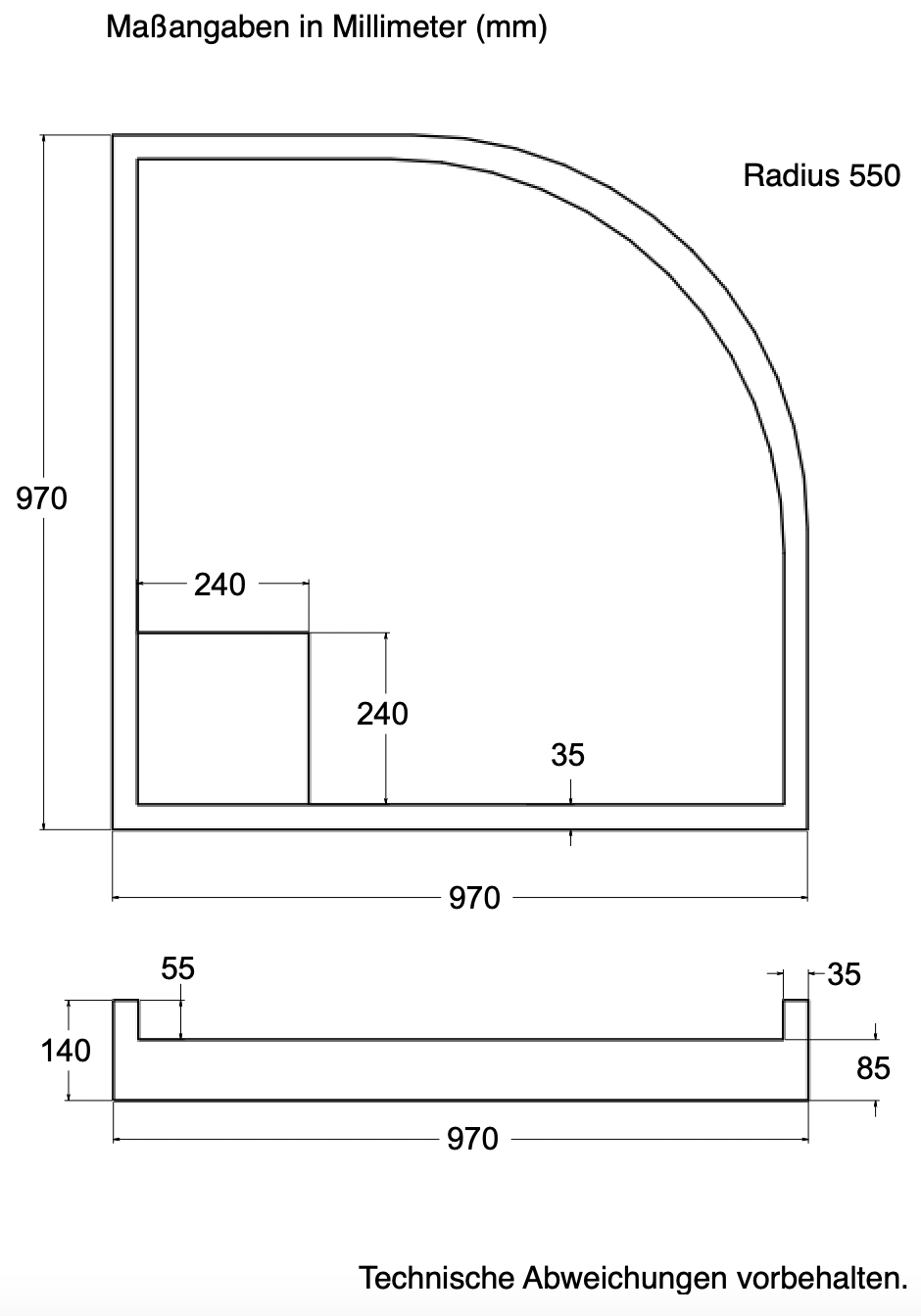 Träger 100x100cm, viertelkreis, weiß, Höhe 14cm hintere Ecke R55