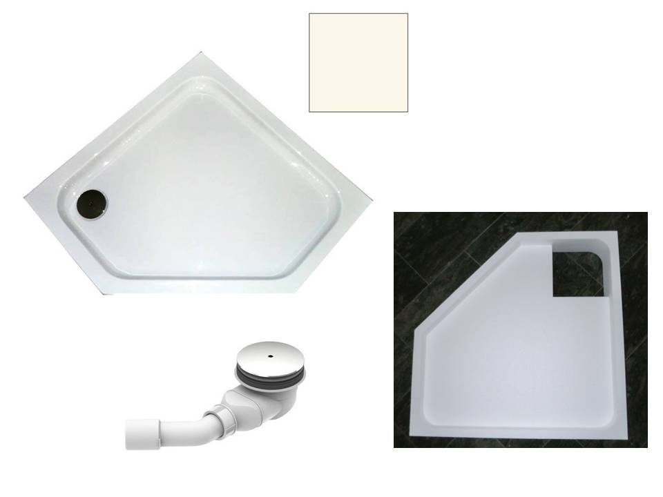 KOMPLETT-PAKET: Duschwanne 90 x 90 cm Fünfeck, Farbe: PERGAMON superflach 2,5 cm Acryl + Styroporträger/Wannenträger + Ablaufgarnitur chrom DN 90