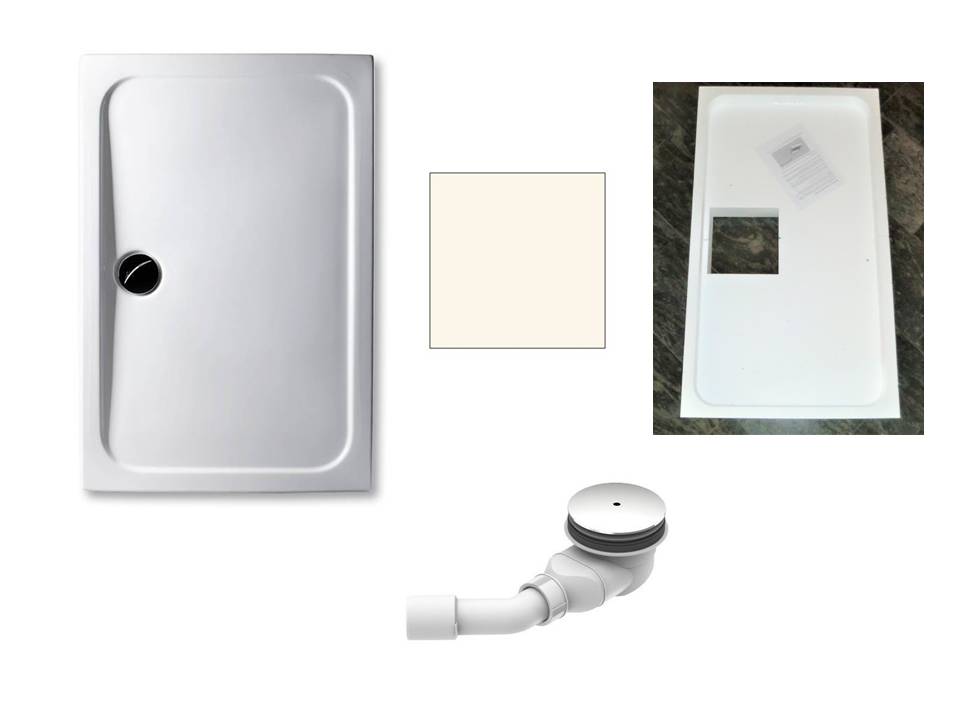 KOMPLETT-PAKET: Duschwanne 120 x 75 cm Farbe: PERGAMON superflach 2,5 cm Acryl + Styroporträger/Wannenträger + Ablaufgarnitur chrom DN 90  