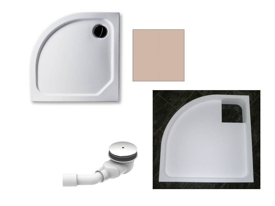 KOMPLETT-PAKET: Duschwanne 80 x 80 cm Viertelkreis Radius 50, Farbe: BAHAMABEIGE superflach 2,5 cm  Acryl + Styroporträger/Wannenträger + Ablaufgarnitur chrom DN 90 