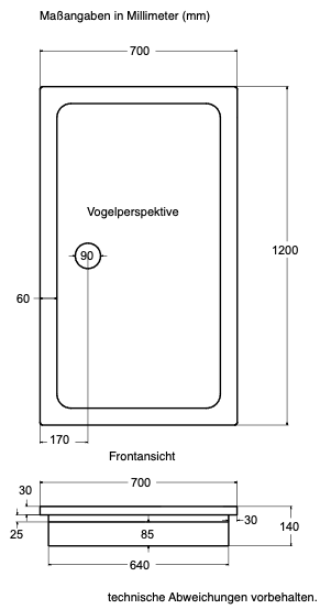 KOMPLETT-PAKET: Duschwanne 120 x 70 cm superflach 3,5 cm weiß mit GERADER STYROPOR-UNTERSEITE Acryl + Styroporträger/Wannenträger + Ablaufgarnitur chrom DN 90
