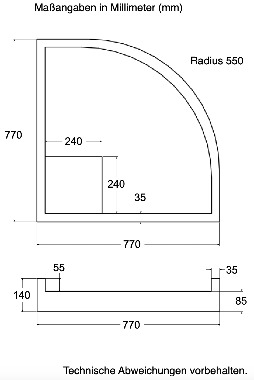 Träger 80x80cm, viertelkreis, weiß, Höhe 14cm hintere Ecke R55