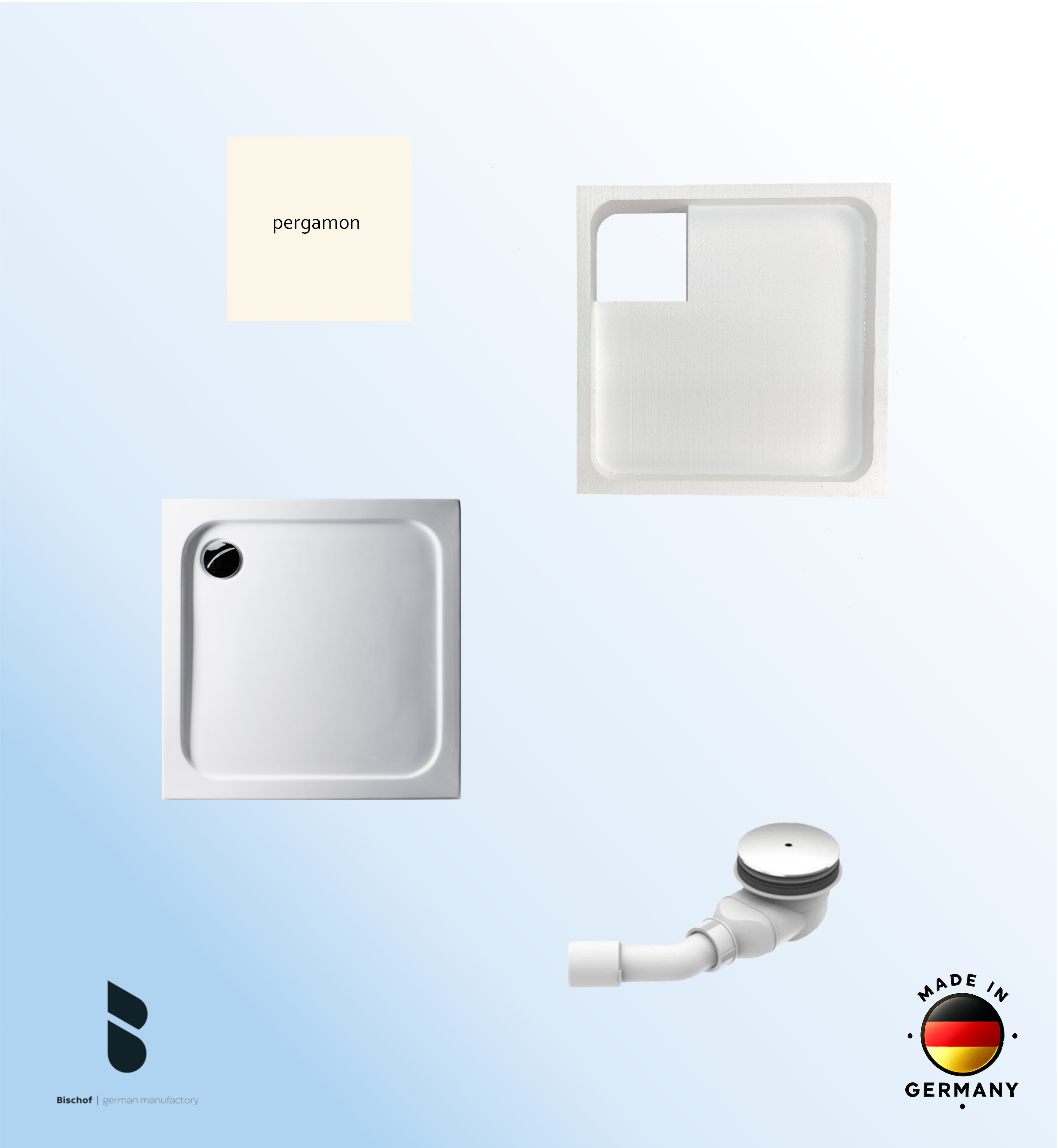 KOMPLETT-PAKET: Duschwanne 80 x 80 cm Farbe: PERGAMON superflach 2,5 cm Acryl + Styroporträger/Wannenträger + Ablaufgarnitur chrom DN 90