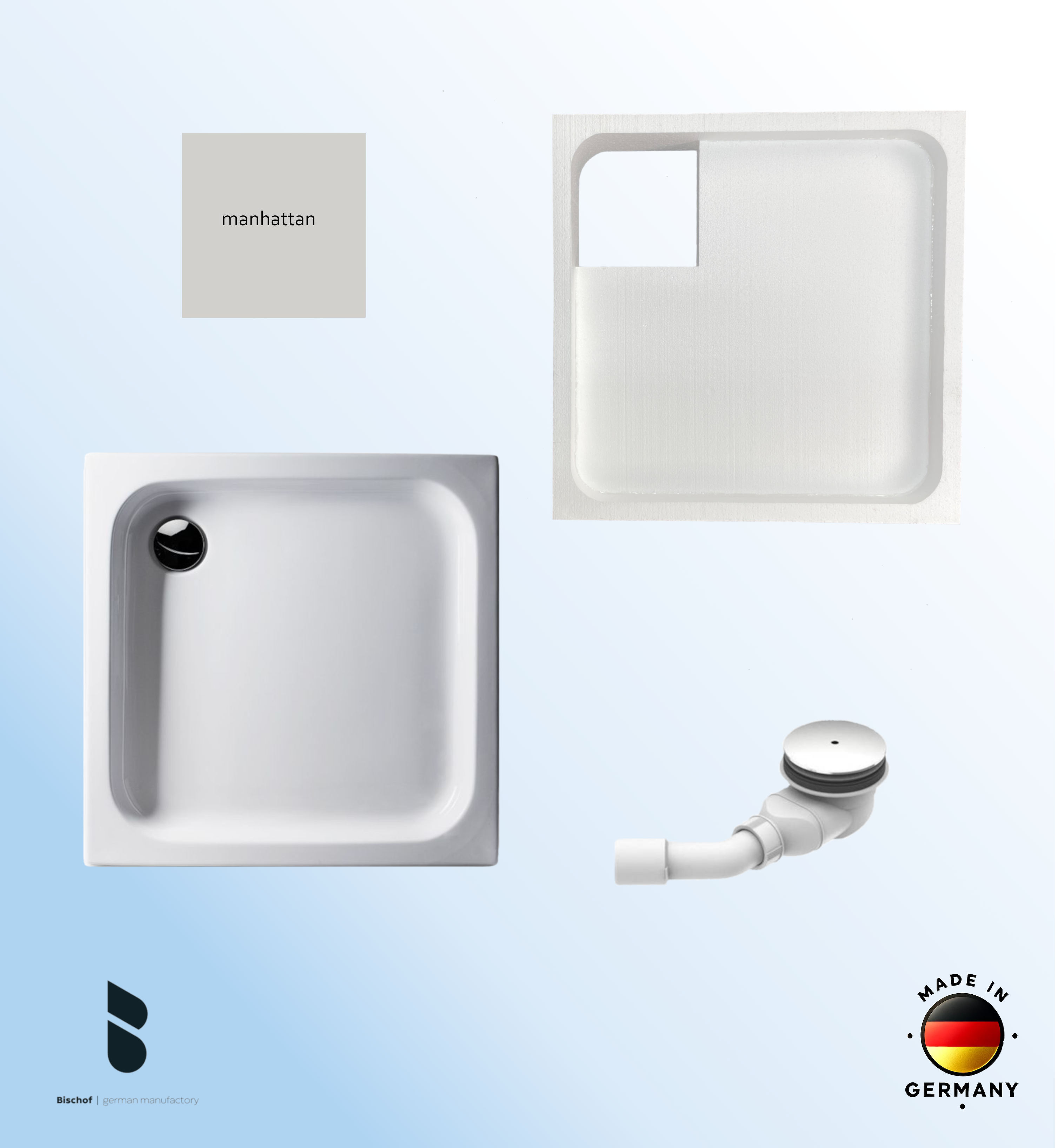 KOMPLETT-PAKET: Duschwanne 80 x 80 cm, Farbe: MANHATTAN flach 6,5 cm Acryl + Styroporträger/Wannenträger + Ablaufgarnitur chrom DN 90