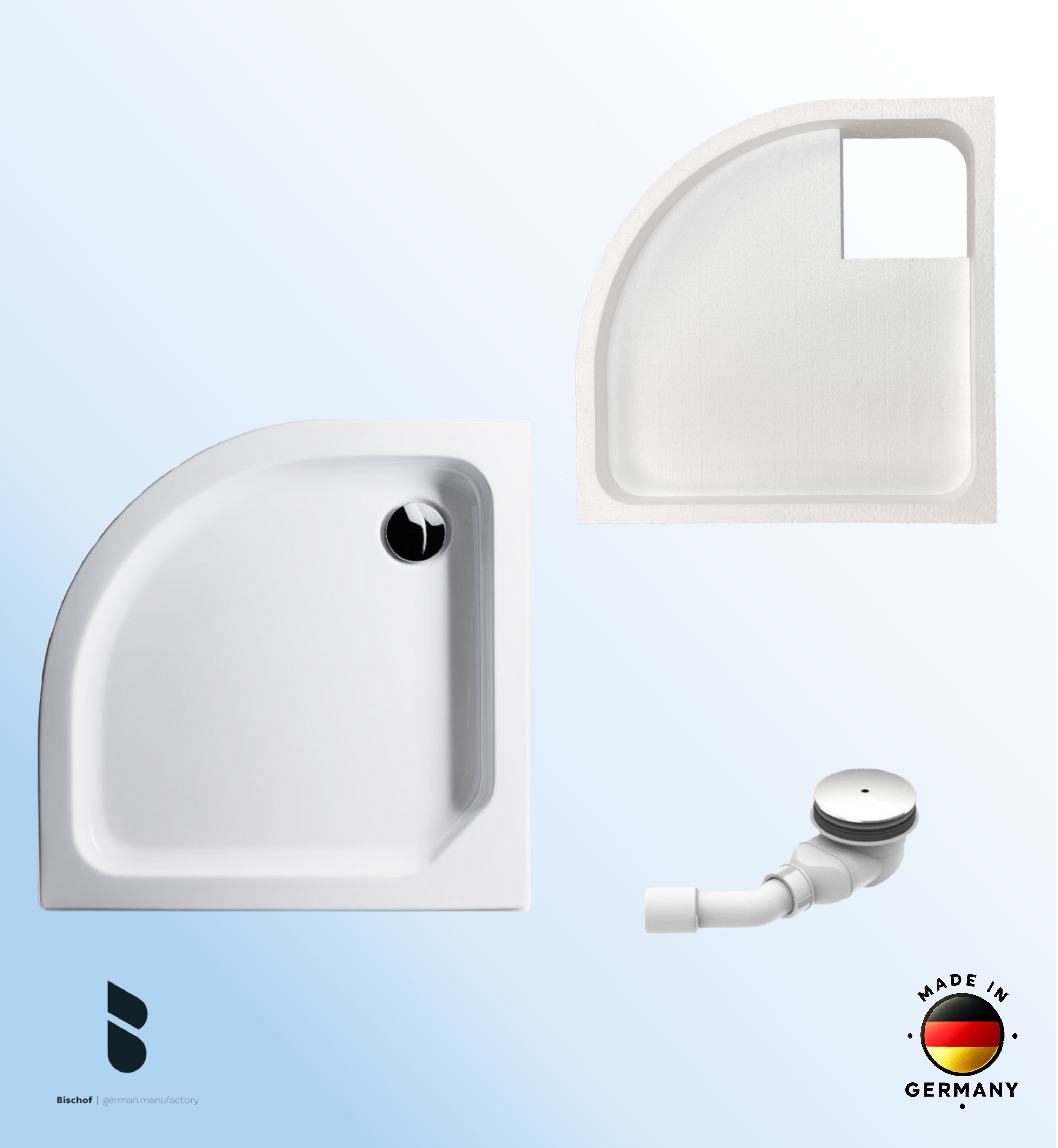 KOMPLETT-PAKET: Duschwanne 100 x 100 cm Viertelkreis Radius 50, flach 6,5 cm weiß Acryl + Styroporträger/Wannenträger + Ablaufgarnitur chrom DN 90