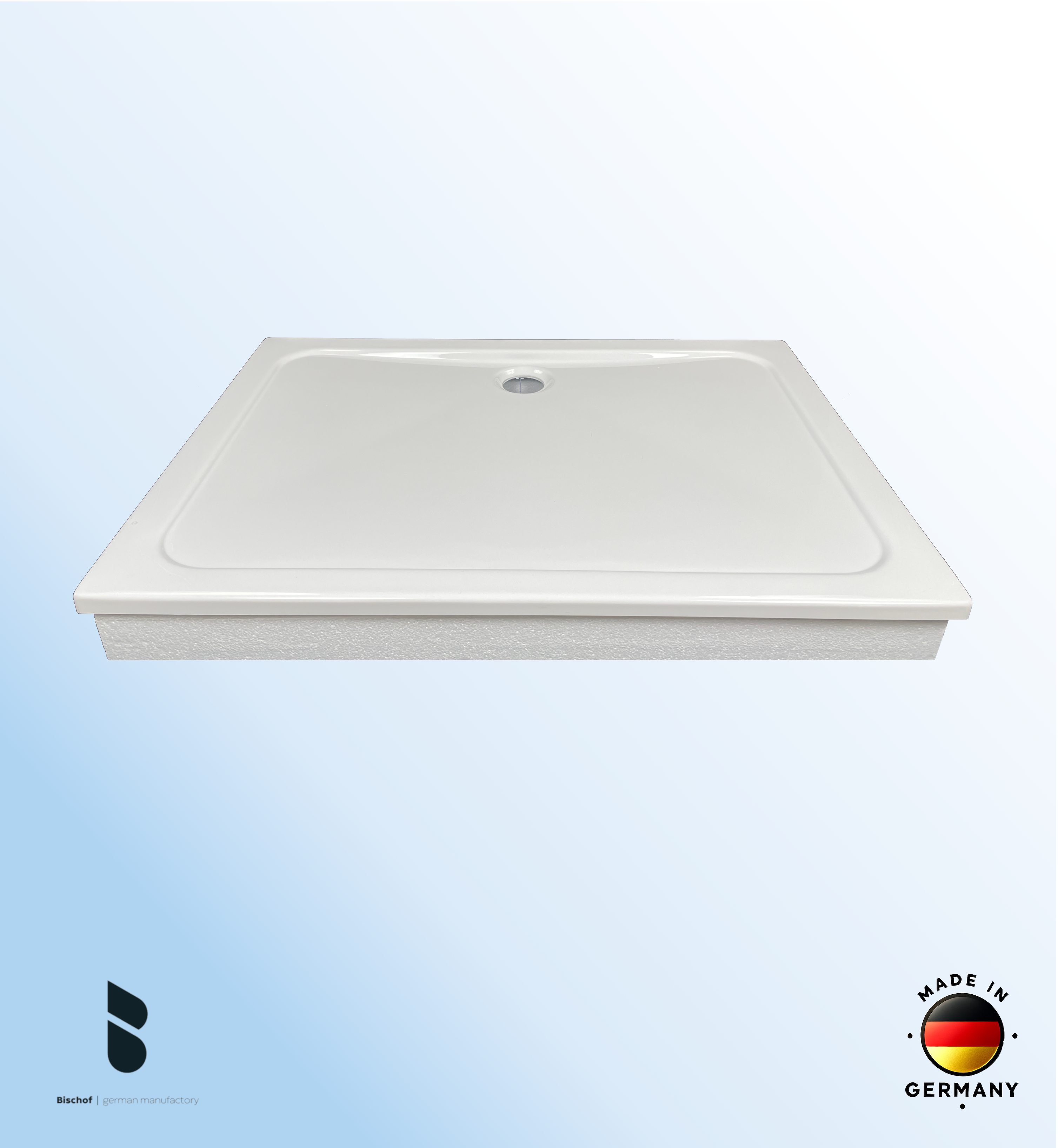 KOMPLETT-PAKET: Duschwanne 120 x 80 cm superflach 3,5 cm weiß mit GERADER STYROPOR-UNTERSEITE Acryl + Styroporträger/Wannenträger + Ablaufgarnitur chrom DN 90