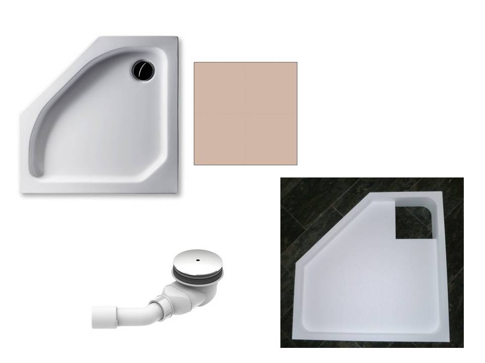 KOMPLETT-PAKET: Duschwanne 90 x 90 cm Fünfeck, Farbe: BAHAMABEIGE flach 6,5 cm Acryl + Styroporträger/Wannenträger + Ablaufgarnitur chrom DN 90 