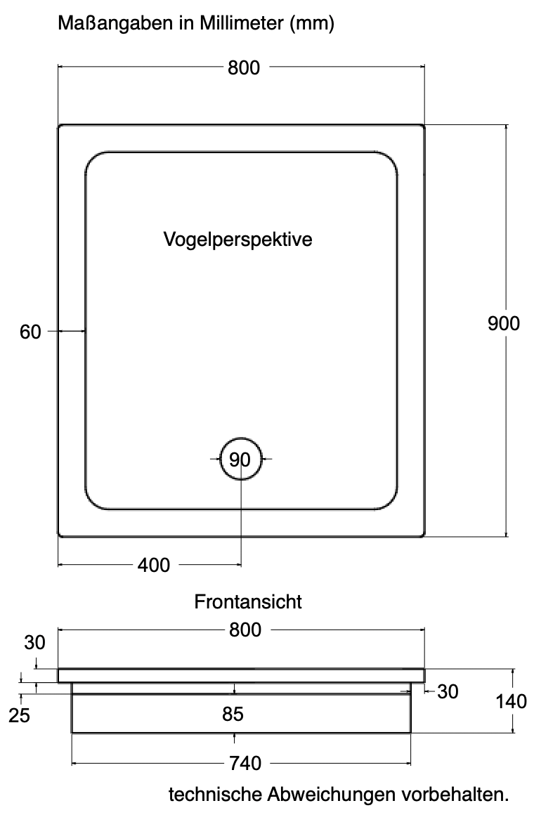 KOMPLETT-PAKET: Duschwanne 90 x 80 cm superflach 2,5 cm weiß Dusche mit GERADER UNTERSEITE Acryl + Styroporträger/Wannenträger + Ablaufgarnitur chrom DN 90