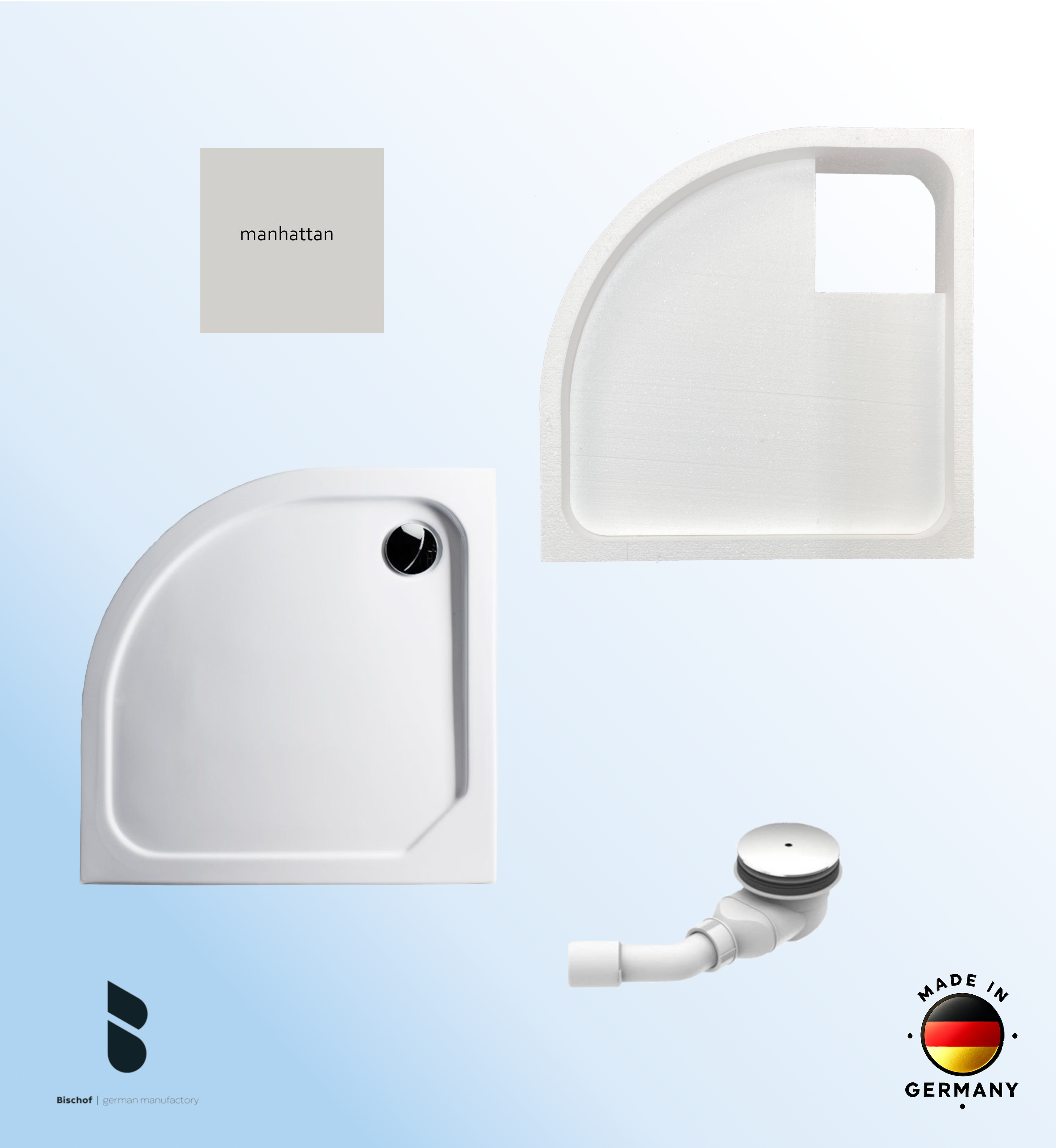 KOMPLETT-PAKET: Duschwanne 80 x 80 cm Viertelkreis Radius 50, Farbe: MANHATTAN superflach 2,5 cm  Acryl + Styroporträger/Wannenträger + Ablaufgarnitur chrom DN 90