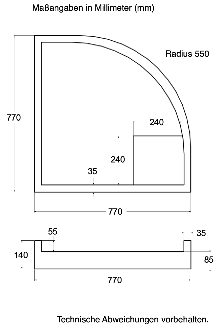 Träger 80x80cm, viertelkreis, weiß, Höhe 14cm links R55