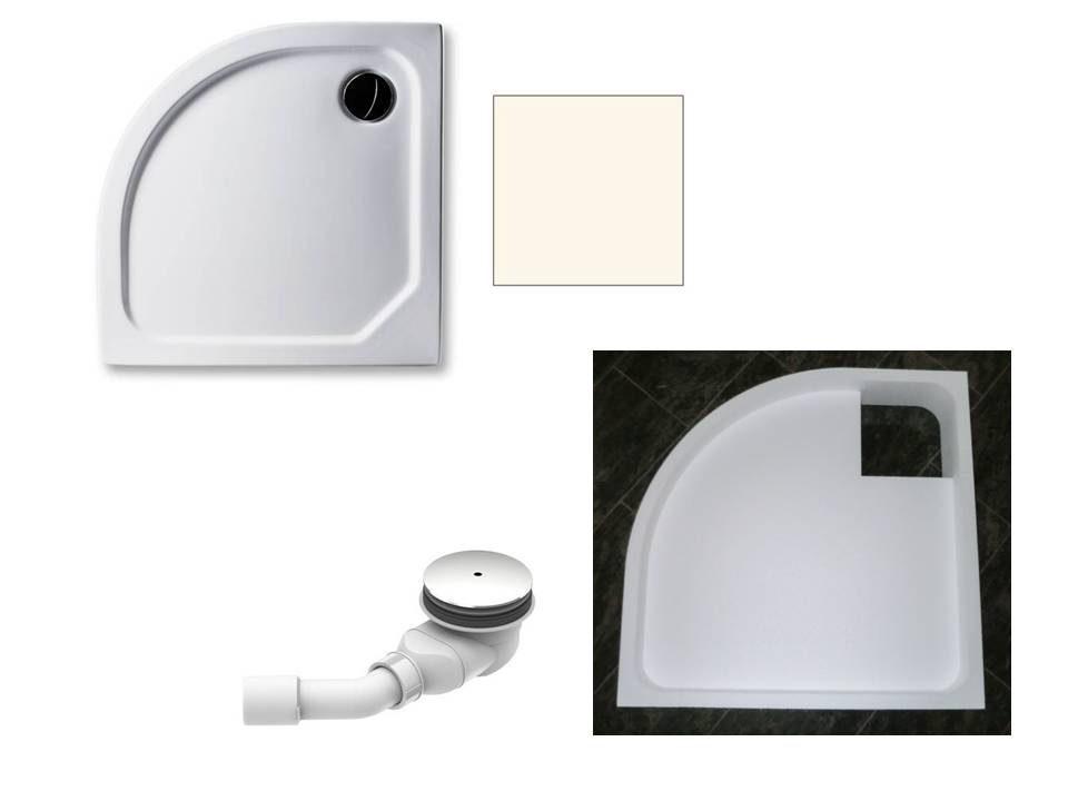 KOMPLETT-PAKET: Duschwanne 100 x 100 cm Viertelkreis Radius 55, Farbe: PERGAMON superflach 2,5 cm Acryl + Styroporträger/Wannenträger + Ablaufgarnitur chrom DN 90 